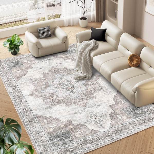 GARVEE Washable Rugs Distressed Vintage Rug for Living Room Area Rug for Bedroom Oriental Office Rug Low Pile Neutral Soft Nursery Rug Non Slip Farmhouse Floor Cover Brown 9'x12'