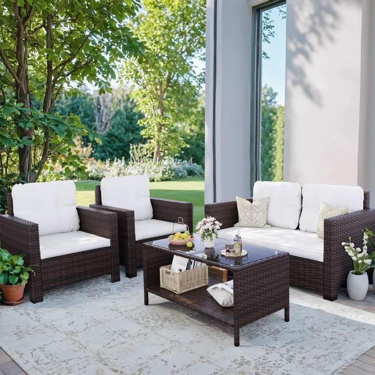 Lacoo 4 Pieces Patio Furniture Sets Rattan Chair Wicker Conversation Sofa Set Outdoor Tble and Chairs for Backyard Porch Garden Poolside Balcony, Beige (Box 1 of 2 Only)