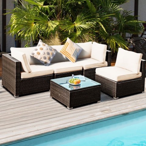 5 Pieces Cushioned Patio Rattan Furniture Set With Glass Table-White (Box 1 of 3)