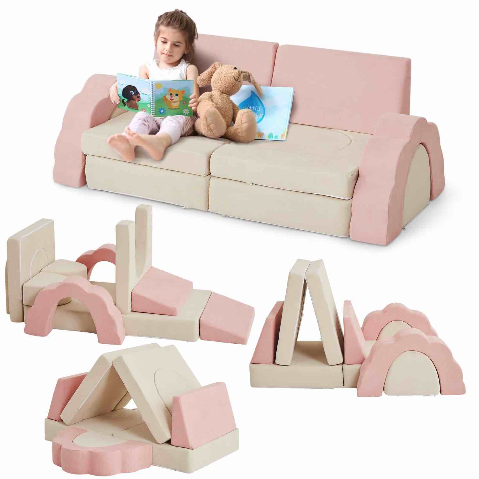 GARVEE Modular Kids Play Couch, Children Sectional Sofa Floor Toddler Couch for Kids Creative Play, Convertible Foam Floor Sofa for Playroom Bedroom, Pink/Beige
