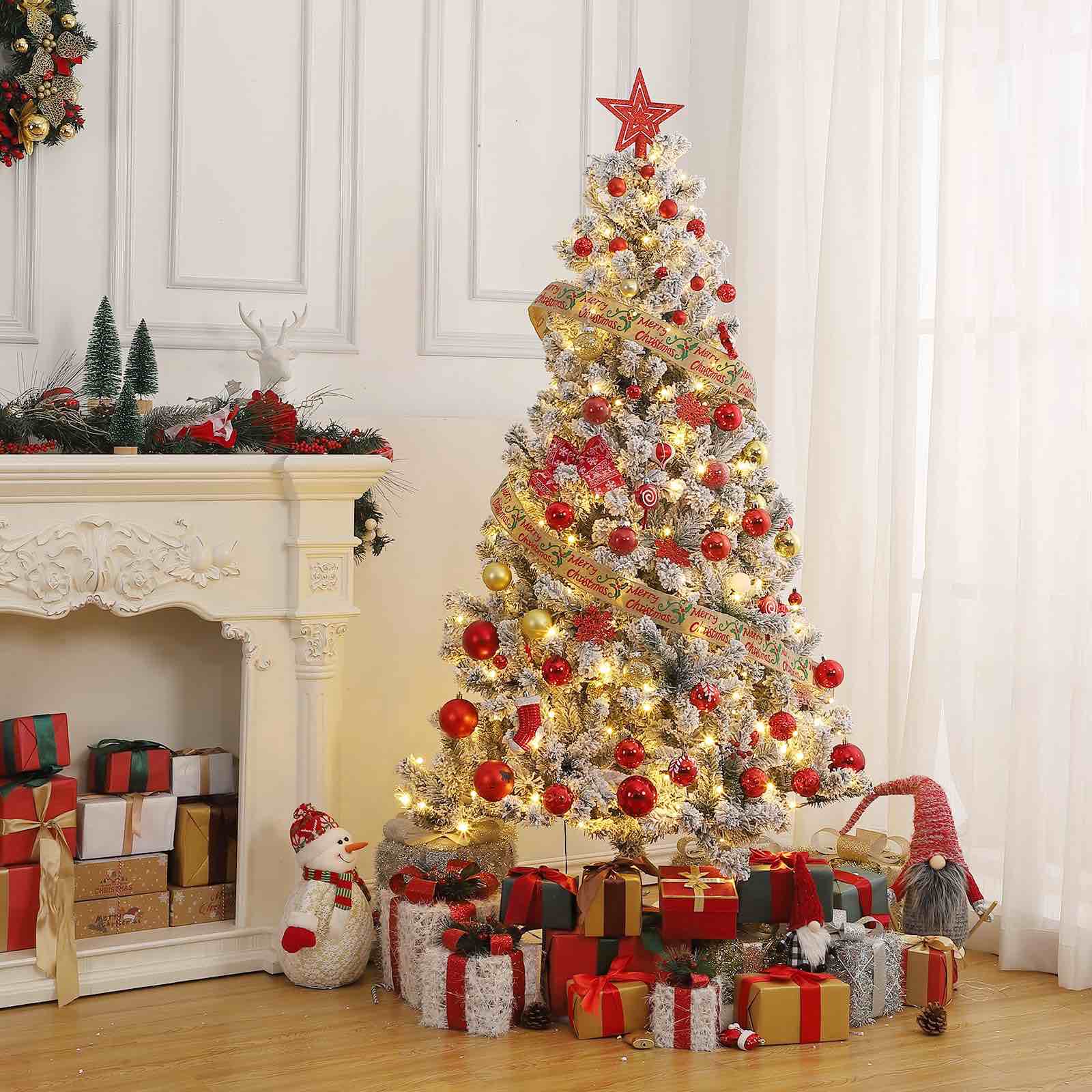 GARVEE Pre-Lit Artificial Christmas Tree with Warm White Lights, 6FT Tall Lighted Xmas Tree with Foldable Metal Stand, Large Snow Flocked Xmas Tree for Office, Home, Holiday Party, Christmas Decor