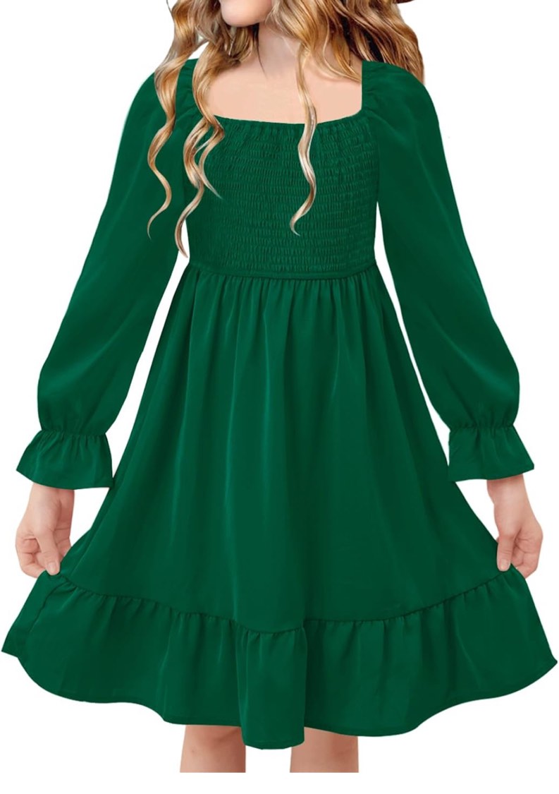 Holipick Women's Casual Square Neck Smocked Dress Shirred Ruffle Puff Sleeve High Waist Cute Flowy A-Line Short Dress(2X)