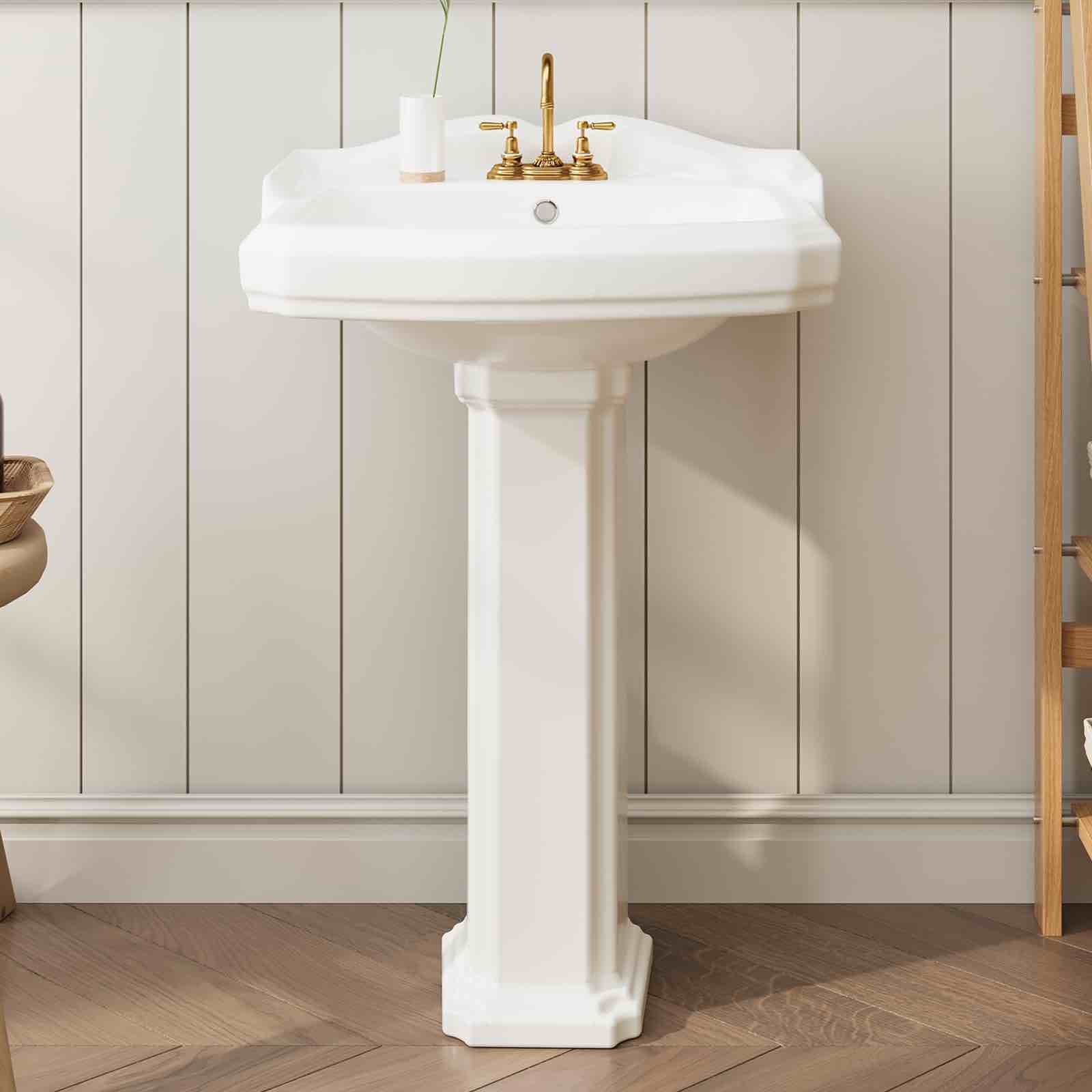 GARVEE Vintage White Ceramic Pedestal Sink with Overflow, 3 Pre-Drilled Holes, 23" W x 19" D, Scratch-Resistant, Easy to Clean, Fits 4-Inch Faucets, Ideal for Small Bathrooms 