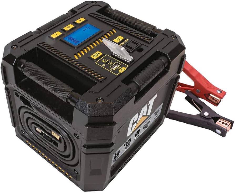 CAT 1750 A Lithium Power Station Cube Lithiium 4-in-1 Portable Starter 1750 peak A power for Jump Start.  1750 Peak Amplifier Jump Starter: Helps start most 12V vehicles without the need for another vehicle.  Digital Air Compressor: Easily adjust pressure to the desired PSI, up to 120 PSI, for inflating tires, sports equipment, and more. Features AutoStop to help prevent overinflation and SureFit mouthpiece with sturdy brass tip for a secure connection  USB INPUT AND OUTPUT - USB Type-A port and USB Type-C port for powering and charging digital devices, and more  AC Power Outlet: 120-volt AC outlet provides 200 watts of household power for small appliances, devices, and equipment  Includes: Comes with USBa/USBc and USBc to USBc charging cables, jump cables with a smart controller, and a storage bag with a Velcro closure  LED Light: Bright LED light provides illumination in dark environments