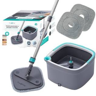 True & Tidy True Clean Mop and Bucket System, Includes Square Spin, Dual Compartment Mop Bucket and 2 Thick Machine Washable Pads