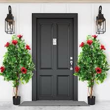 Riceshoot 2 Pcs 4' Hibiscus Artificial Tree 4ft Faux Artificial Plant Green Outdoor Fake Tree with Red Flowers for Front Porch Office Home Indoor Outdoor Decor