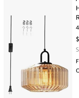 Amber Plug in Pendant Light, Hanging Lamps for Living Room Plug in Glass Globe Pendant Light, Modern Plug in Cord Pendant Hanging Light with 14.7 ft Cord On/Off Switch Striped Glass Shade