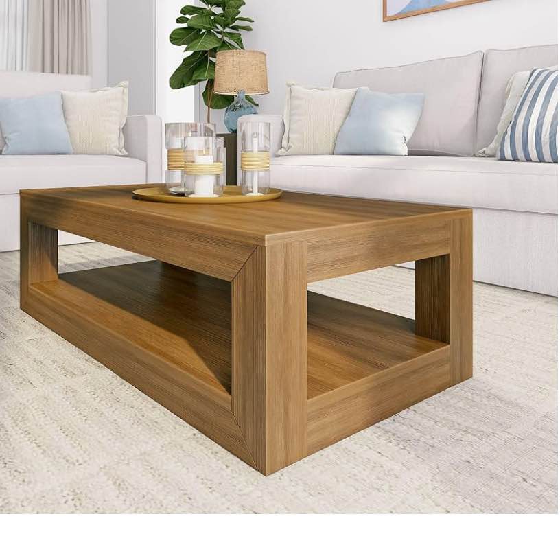 Plank+Beam Modern Rectangular Coffee Table with Shelf, Solid Wood, 40 Inch, Center Table with Storage, 2 Tier Tea Table for Living Room, Pecan Wirebrush