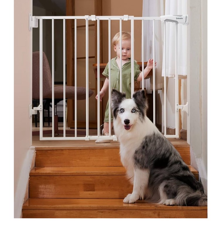 Babelio 26-43" No Bottom Bar Baby Gate for Babies, Elders and Pets, 2-in-1 Hardware Mount Dog Gate for The House, Stairs and Doorways, Safety Pet Gates with Large Walk Thru Door, White