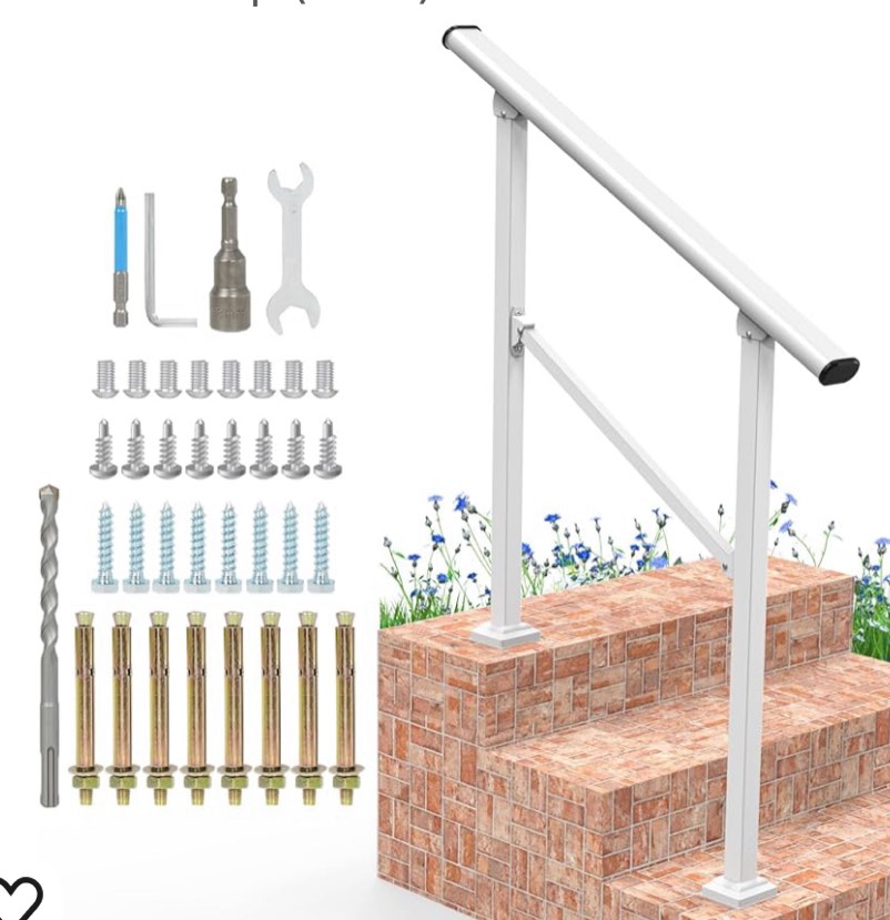 Signstek Handrails for Outdoor Steps, 3 Step HandRail Fit 1 to 3 Steps Outdoor Stair Railing, Metal Porch Railing, Deck Handrail, Wrought Iron Railing with Installation Kit for Concrete Steps(White)