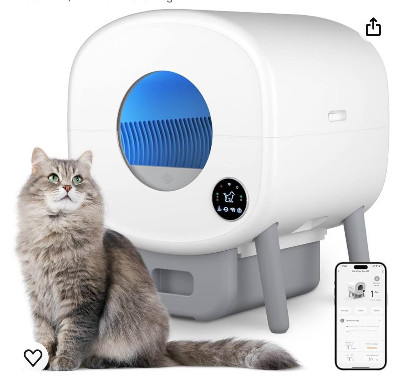 Self Cleaning Cat Litter Box, Automatic Cat Litter Box with APP Control, Large Capacity for Multiple Cats Odor Removal Safety Protection, 2 Rolls Liners Bags