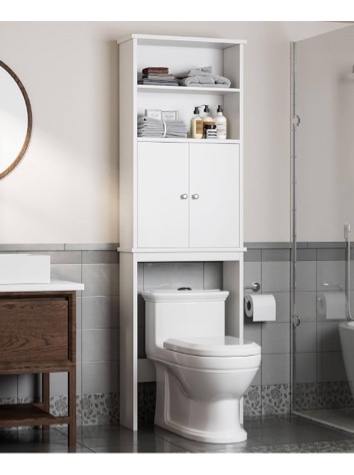 Shintenchi Over The Toilet Storage Cabinet, Bathroom Above The Toilet Rack, Bathroom Adjustable Shelf Organizer with Open Bottom Bar and Anti-Tip Device, White