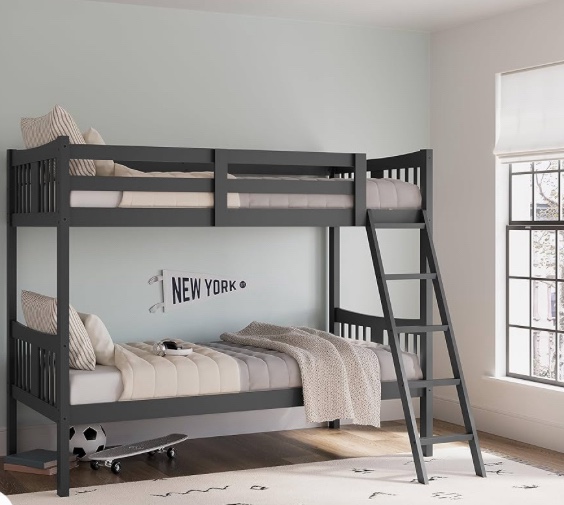 Storkcraft Caribou Twin-over-Twin Bunk Bed (Gray) - GREENGUARD Gold Certified, Converts to 2 individual twin beds
