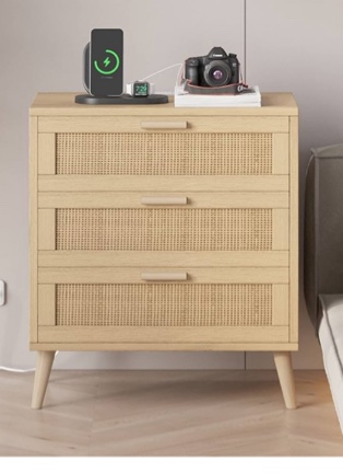 Irontar Rattan Nightstand with Charging Station, Night Stand with Rattan Decorated Drawers, Farmhouse End Table, Bedside Table with 2 USB Ports and 2 AC Outlets for Bedroom, Natural BZZ006ME