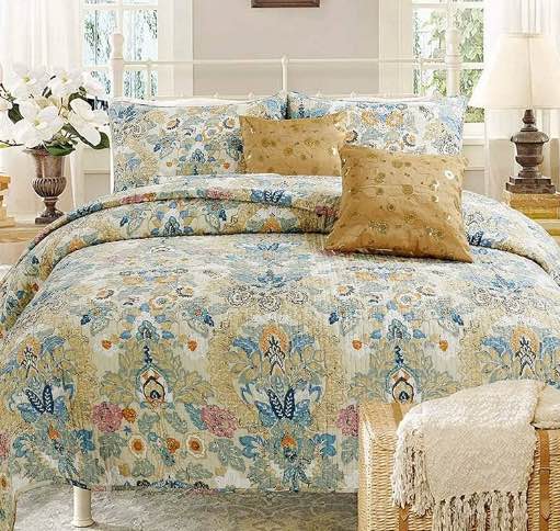 Cozy Line Home Fashions Luxury Classic Bedding Quilt Set, 100% Cotton Beige Blue Floral Pink Flower Bohemian Style Reversible Bedspread Coverlet (Art Painting, King - 3 Piece)