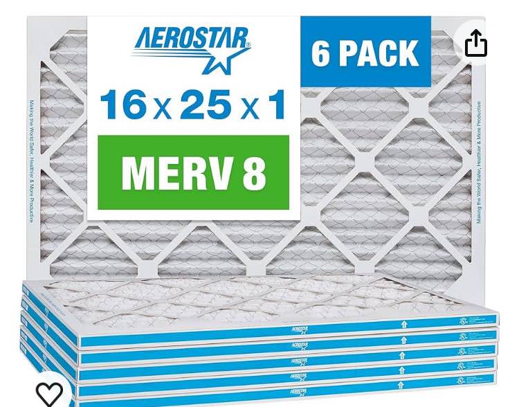 Aerostar 16x25x1 MERV 8 Pleated Air Filter, AC Furnace Air Filter, 6 Pack (Actual Size: 15 3/4"x 24 3/4" x 3/4"), White