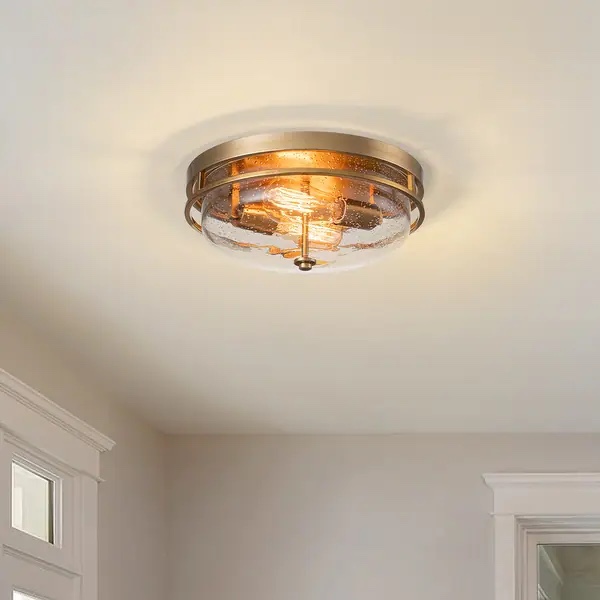 Modern 2-Light Seeded Glass Flush Mount For Kitchen Island - Gold