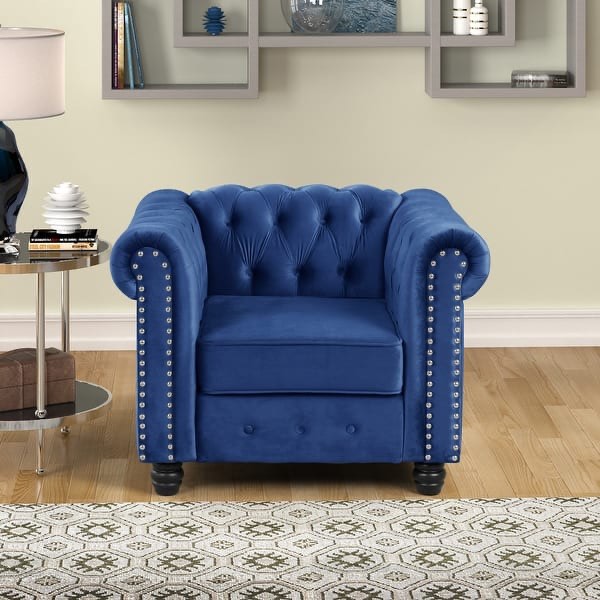 Morden Fort Velvet Chesterfield Club Chair,Button Tufted Upholstered Armchair with Nailhead and Solid Wood Legs for Living Room - Blue