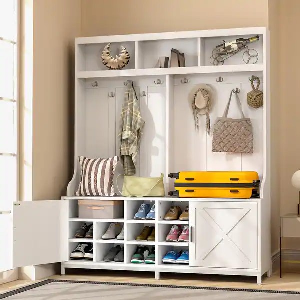 Moasis Farmhouse Hall Tree with Bench and Shoe Storage with 10 Hooks for Entryway - 59 Inch - White