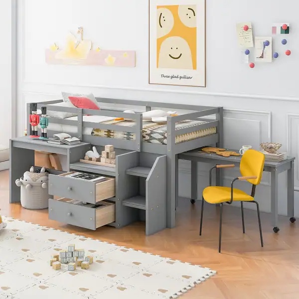 Twin Size Loft Bed with Desk and Drawers, Wooden Loft Bed with Lateral Portable Desk, Gray, for Bedroom  