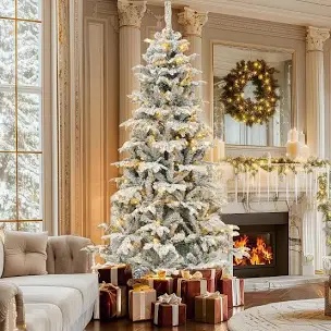 6.5 Ft Pre-Lit Snow Flocked Christmas Tree with 760 Mixed Branch Tips and 350 Lights - 6.5 Foot