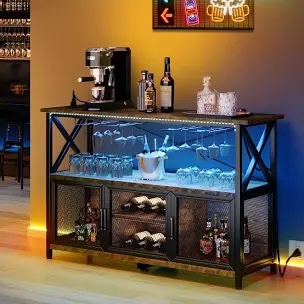 Liquor Bar Cabinet with LED Light Removable Wine Rack - 55"-Oak