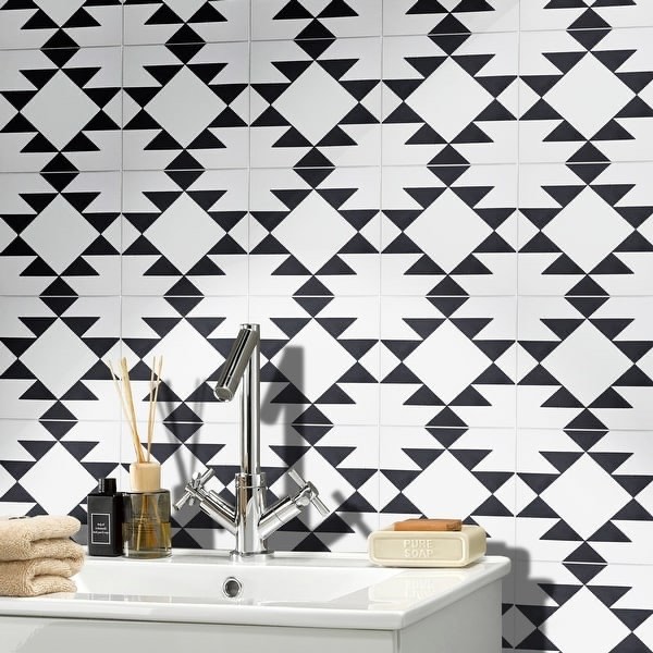 Handmade Rissani Black/White Tile, Pack of 12 (Morocco) - Set 12 Tiles