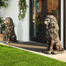 Glitzhome MgO Majestic Sitting Guardian Lion Statues Porch Sculpture Outdoor Indoor