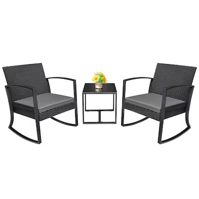 Vineego 3 Wicker Patio Dining Set Steel Rectangle Table with 2 Cushions Stationary Chairs