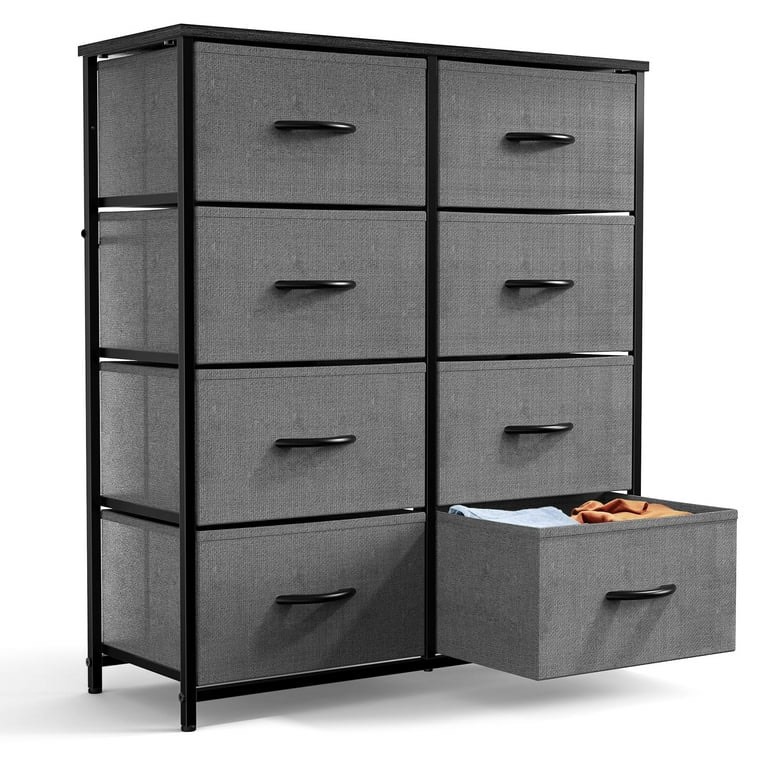 Multi-Functional 8 Drawer Storage Dresser with Fabric Bins and Steel Frame for Bedroom, Kids Room, Nursery, Living Room or Entryway, Gray