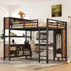 (Missing a box)  Heavy Duty Metal Loft Bed with Wardrobe and L-Shaped Desk, Loft Bed with Storage Cubes and Shelves, Durable Loft Bed for Kids, Teens, and Adults