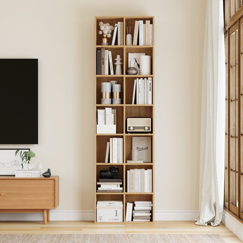 nyajiah cube bookcase with adjustable shelves, 70.8" h x 19.6" w white wood modern media & cd storage