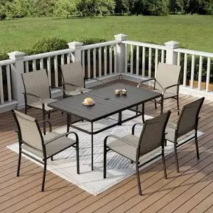 7 Piece Patio Dining Set, Outdoor Dining Table And Chairs Set For 6, 6 Textilene Chairs, 1 Iron Rectangular Table With Adjustable Umbrella Hole (1.57"-1.97"), Patio Furniture Set For Deck, Backyard, Lawn, Poolside, Brown/gray/blue