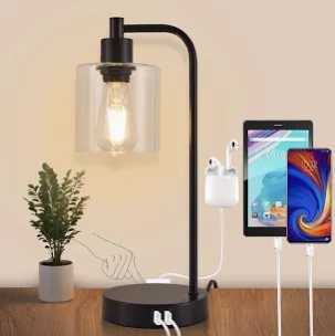 16.5'' Industrial Table Lamp with Glass Shade, 3-Way Dimming, AC Outlet, USB A&C