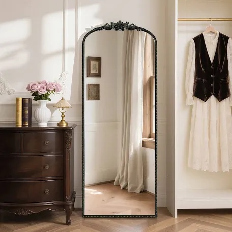 Antique Floor Mirror with Ornate Frame – Arched Vintage Full Length Mirror