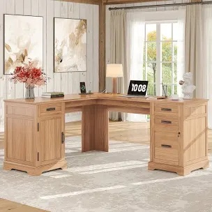 67'' Farmhouse L Shaped Desk with Drawers, Home office Corner Computer Desk with File Storage and Charging Station