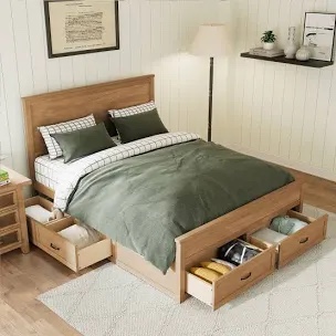Seadrift Queen Size Storage Bed - Modern Wood Platform Bed with 6 Drawers & Tall Headboard, No Box Spring Needed (Two Boxes)