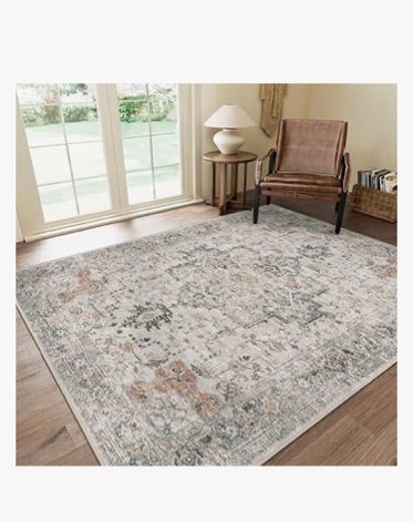 GENIMO 8x10 Area Rugs for Living Room, Machine Washable Non Slip Vintage Retro Rugs, Low Pile Lightweight Chenille Print Rug for Bedroom, Dining Room, Home Office, Light Taupe Brown