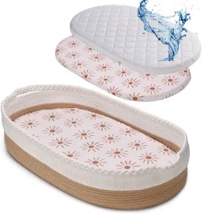 Baby Changing Basket/Moses Basket with Waterproof Mattress Cover & Muslin Cover Sheet