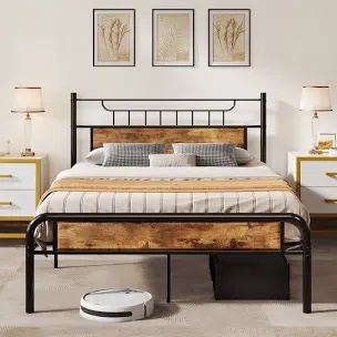 Pantoja Bed Frame with Rustic Vintage Wood Headboard Platform Bed