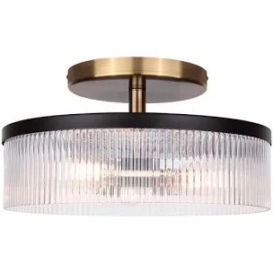 Jenner 15 in. 3-Light 60-Watt Contemporary Matte Black and Gold Semi-Flush Mount with Clear Ribbed Glass Shade