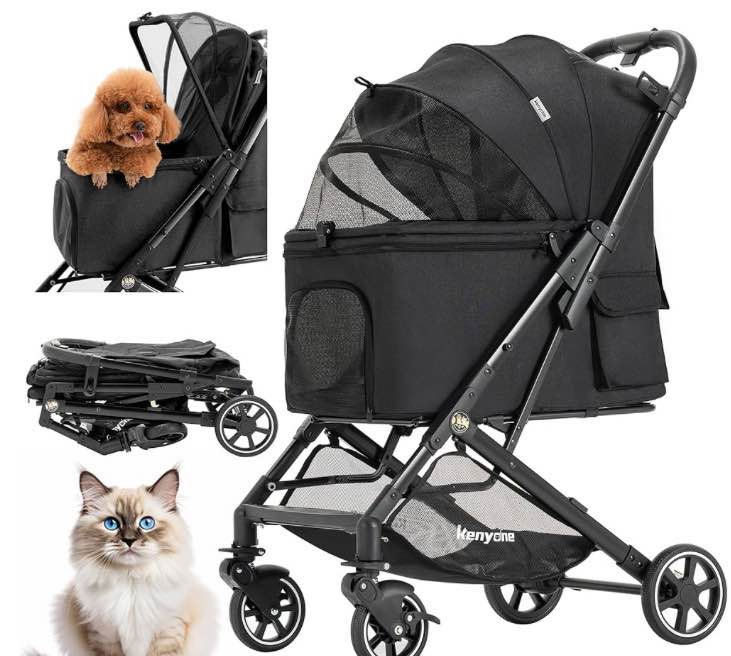 Kenyone Pet Stroller for Small to Medium Dogs Durable Cat Stroller with Lightweight Aluminum Frame, One-Click Folding, No Zip Entry, PU Wheels, Multiple Pockets(Black)