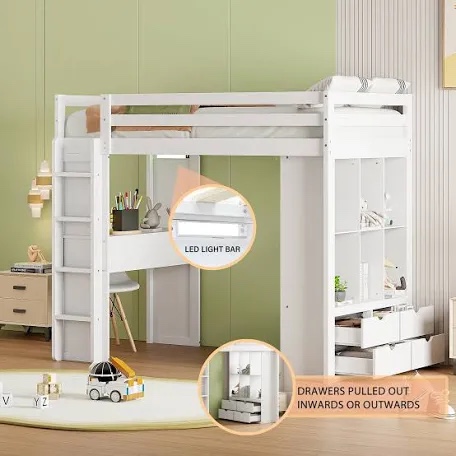 Four shelves loft bed with charger writing desk white