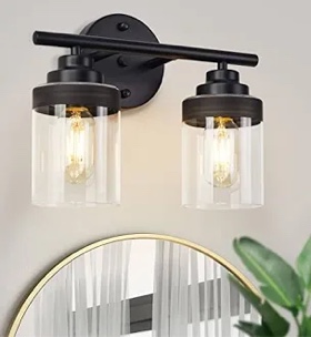 Bathroom Light Fixtures, 2-Light Bathroom Vanity Light Fixtures, Black Wall Sconce Light with Clear Glass, Modern Wall Sconces Lighting Bathroom Wall Lamp for Mirror, Living Room, Bedroom, Hallway
