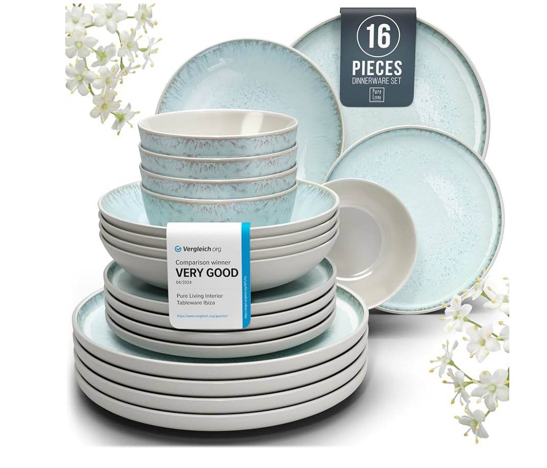 16 Piece Dinnerware Sets for 4 - Modern Style Stoneware Dinnerware Set - Scratch Resistant,Dishwasher,Microwave Safe Plates and Bowls Sets Ceramic,Dish Set, Bowl and Plate Set - Beige and Light Blue…