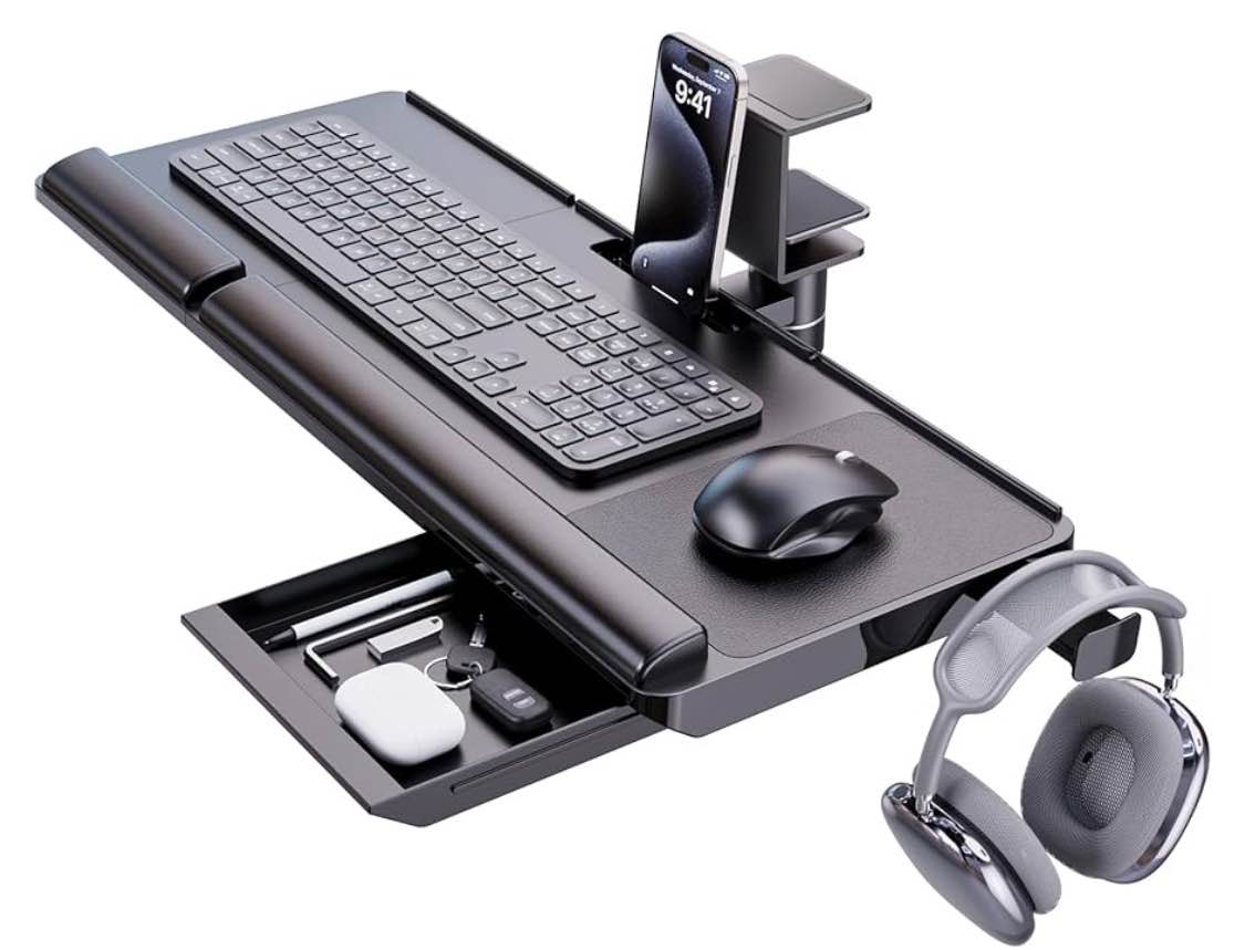 Klearlook Keyboard Tray Under Desk with 360° Rotation, Adjustable Ergonomic Computer Keyboard & Mouse Tray 25"W×11.02"D Sit Stand Desk Keyboard Holder w/Wrist Rest & Storage Drawer-Black