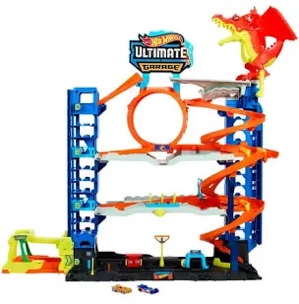 Hot Wheels City Toy Car Track Set Ultimate Garage with 2 Die-Cast Toy Cars & Car-Eating Dragon, Stores 50+ Vehicles, 4 Levels