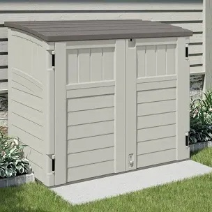 Suncast 34 Cu Ft Capacity Horizontal Outdoor Storage Shed for Garbage Cans, Garden Accessories, Backyard, and Patio Use, Vanilla
