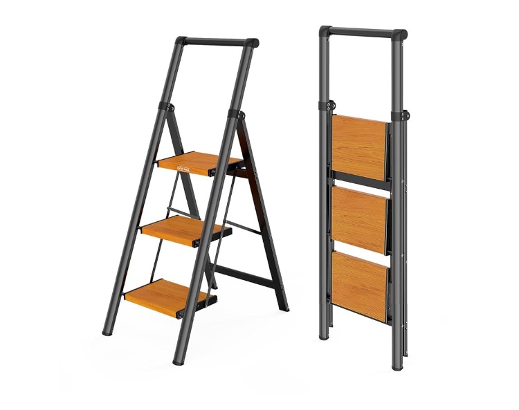 WOA WOA 3 Step Ladder, Ladders for Home, Anti-Slip Pedals, Aluminum Step Stool Foldable, Lightweight to Move, Ease of Storage, Reach 8ft for Closet Kitchen Library, Hold 300lbs - Black&Wood Grain