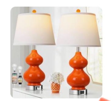 WIHTU 3 Color Temperature Table Lamps for Living Room Set of 2, Orange Ceramic Bedside Lamps with USB A and C Ports, Nightstand Lamp with White Fabric Shade, Modern Double Gourd Lamps for Home Decor orange